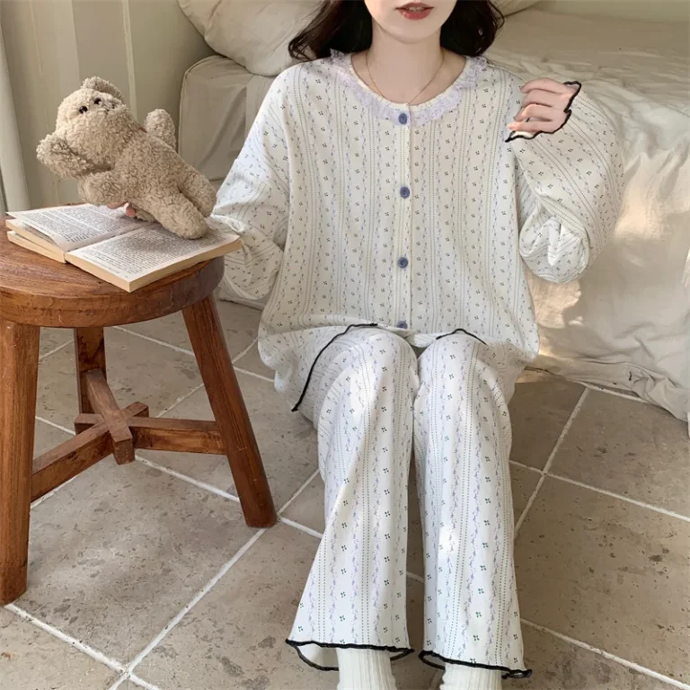 White Dot Blue-Trim Pajamas in white & blue