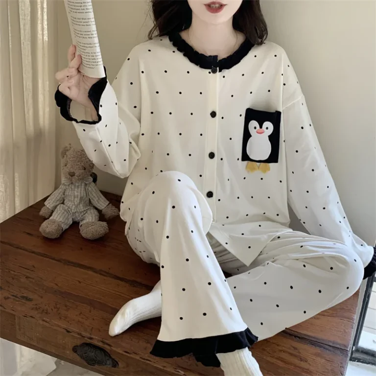 White Dot Penguin Pajamas in white & black