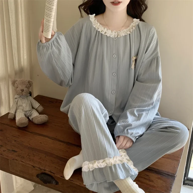 Blue Ruffle-Trim Pajamas in blue grey