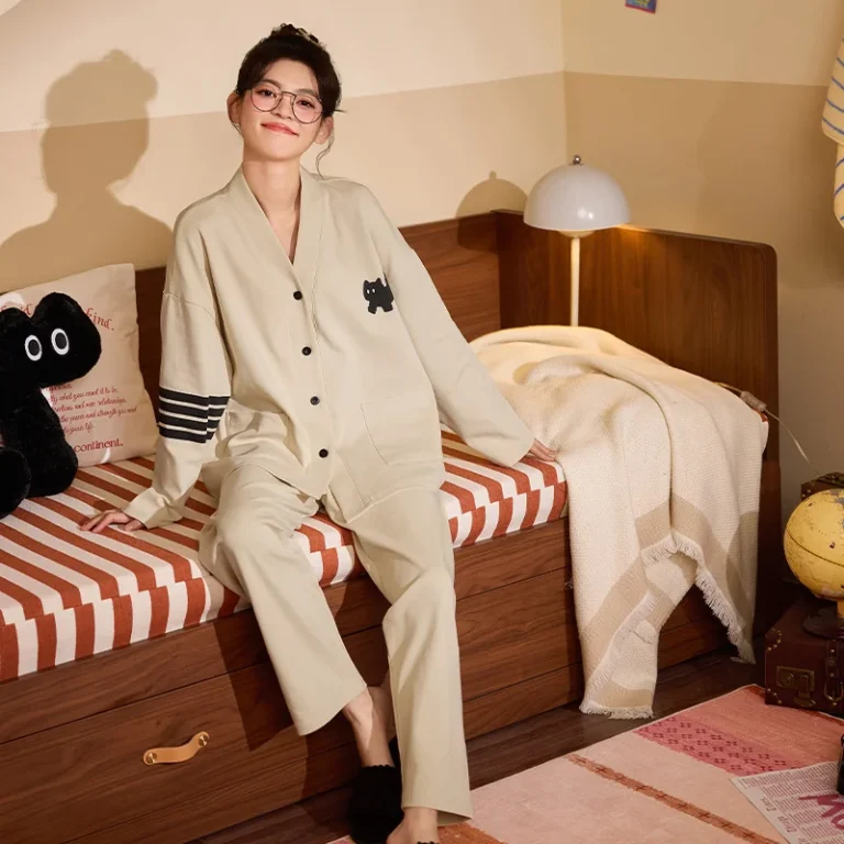 Cream Cat Pocket Pajamas in cream & black
