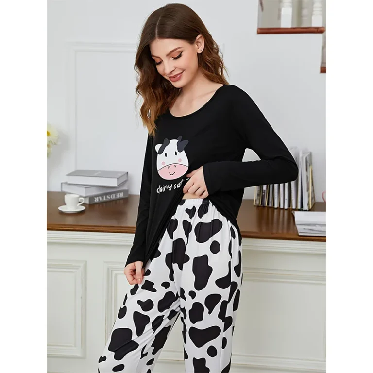 Black Cow-Print Long Pajamas in black & white