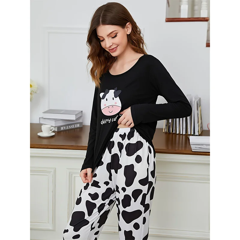 Black Cow-Print Long Pajamas in black & white
