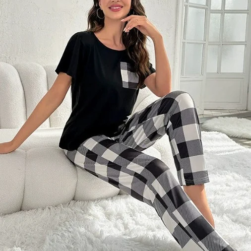 Black Gingham Pocket Pajamas in black & white